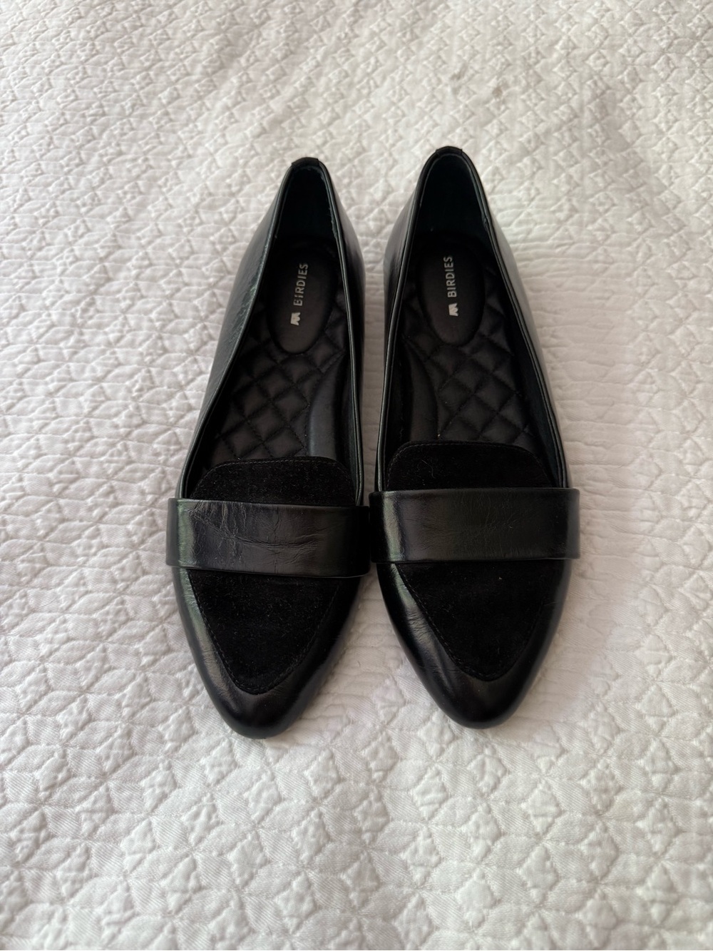 Birdies Black Pointed-Toe Penny Loafers
